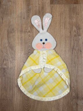 Vintage Fisher Price 1979 Bunny Security Blanket Lovey Yellow Plaid Satin Trim